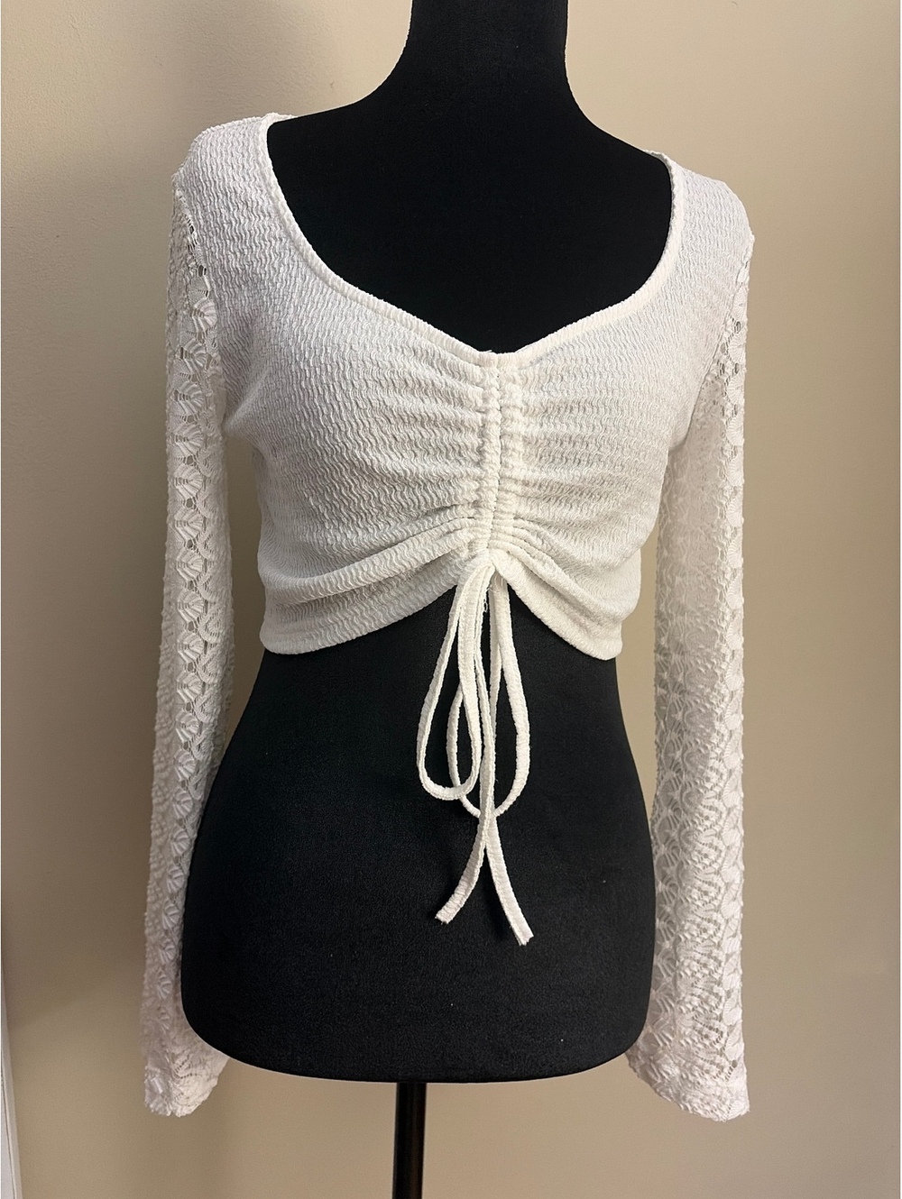 White Long Lace Bell Sleeve Cropped Top